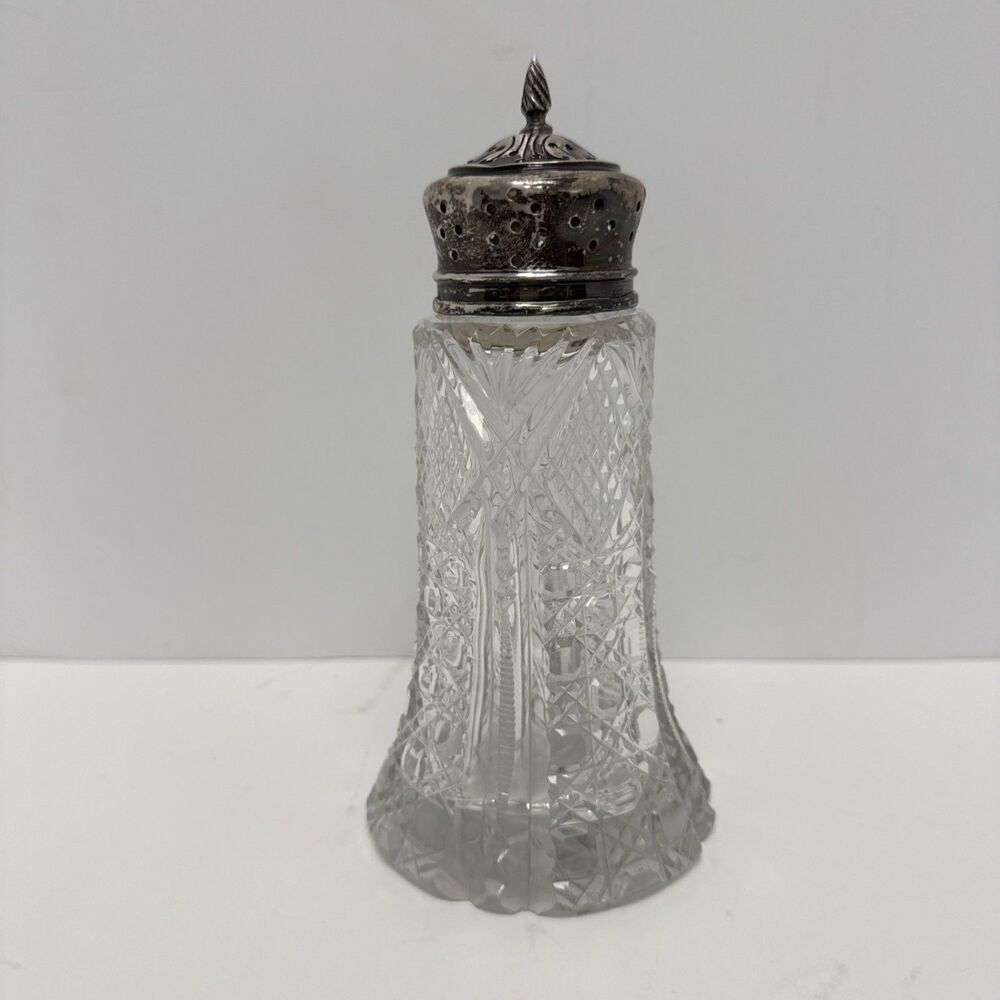 Antique Sterling Silver Top Cut Crystal Glass Sugar Caster Shaker